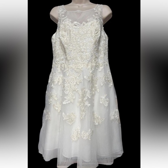DB Studio Short Ivory Wedding Dress Lace Sleeveless Mesh Back Sz M/L Gorgeous - Picture 1 of 5